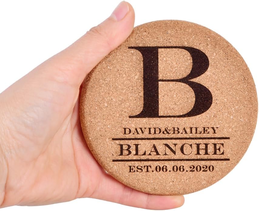 Personalized Cork Coasters for Drinks, Custom Engraved Absorbent Heat & Water Resistant Coasters for Cups and Mugs (B)