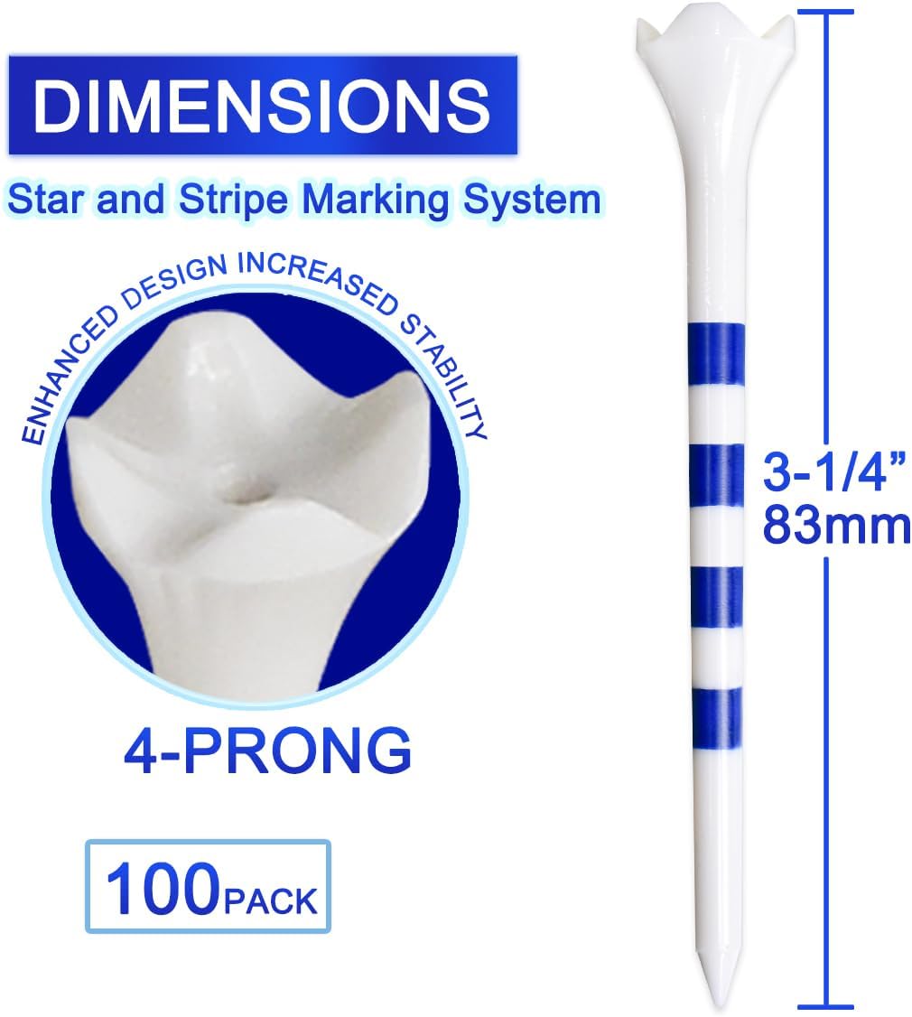 Golf Tees3 1/4" -100 Pack, Plastic Golf tees 3 1/4 inch 4-Prong Long Plastic Tees – Reduce Friction&Side Spin,Enhanced Durability & Stability,Also able to Work with a Variety of Drivers, hybrids.