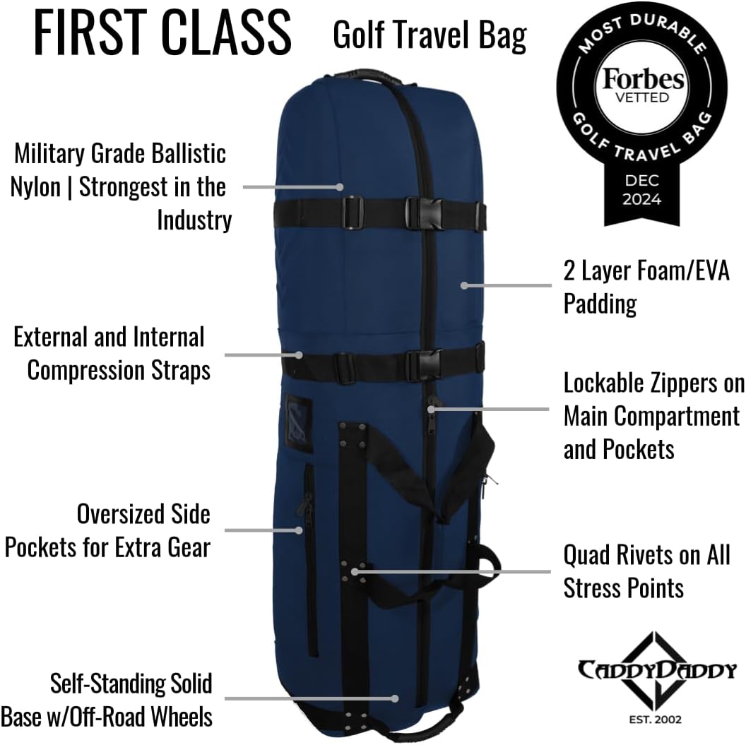 CaddyDaddy First Class Military Grade Ballistic Nylon Travel Cover with EVA Dense Foam Top Padding 2 Year Full Replacement Coverage Self Standing Base XL Wheels Case for Transporting Clubs on Airlines