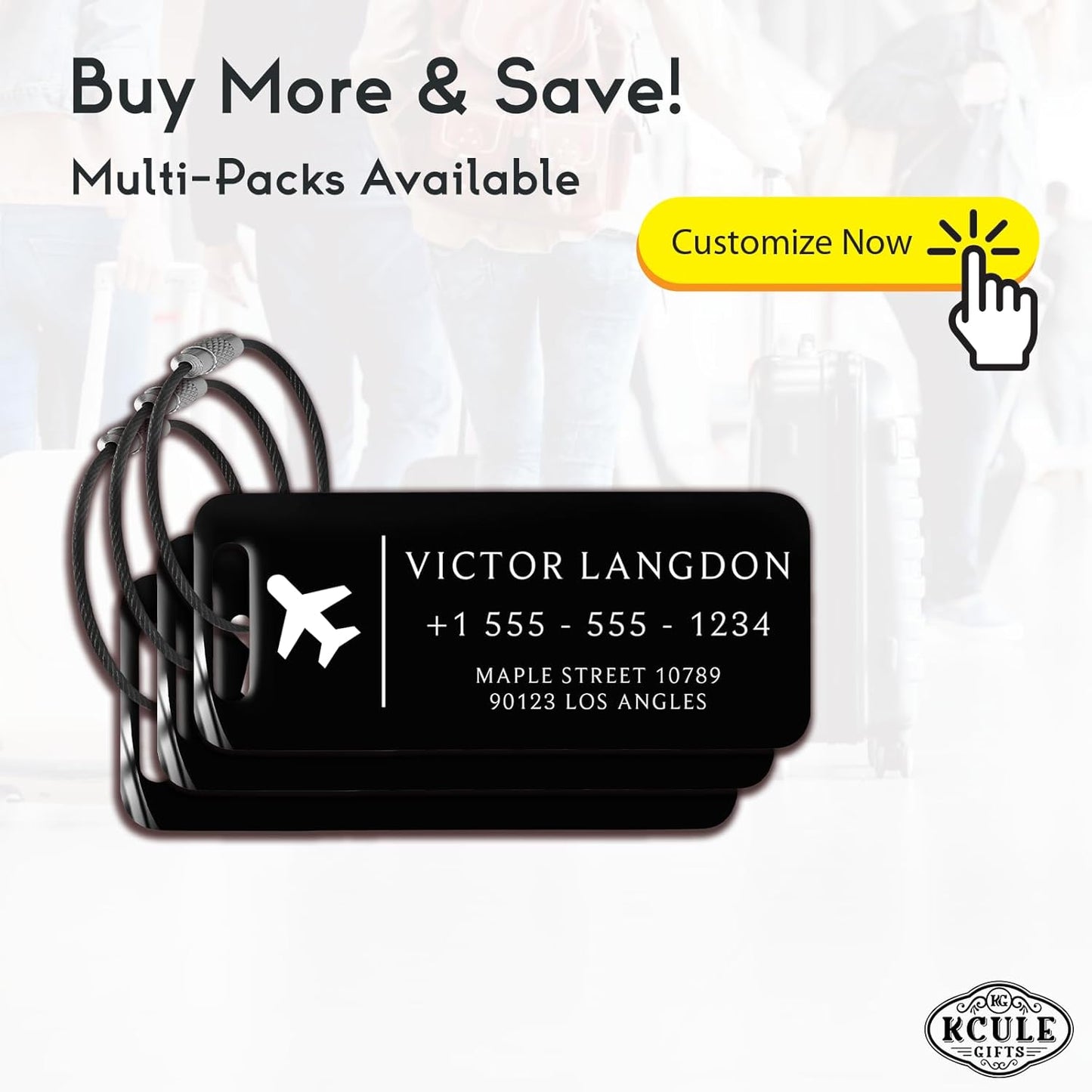 Personalized Luggage Tags for Suitcases - Stainless Steel Custom Luggage Tags for Backpacks & Bags, Sturdy, Waterproof & Heavy Duty (Black / 3" x 1.25")