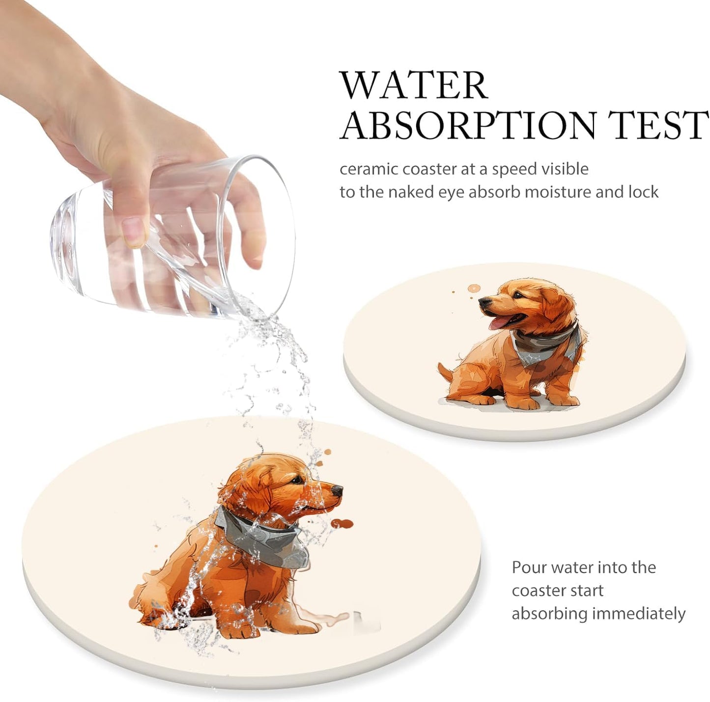 Boho Set of 6 Coasters for Drinks Absorbing Round Ceramic Stone Coaster with Cork Base,Tabletop Protection Mat for Mugs and Cups,Office,Kitchen (Golden Retriever Puppy)