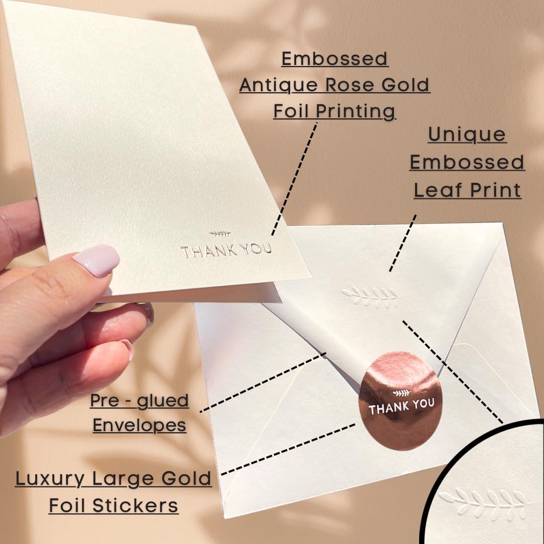 RUN2PRINT Ivory Thank-You Cards with Rose Gold Embossed Printing – 36 Premium Cards with Embossed Leaf Print Envelopes & Matching Stickers – Perfect for Weddings, Business, and All Occasions