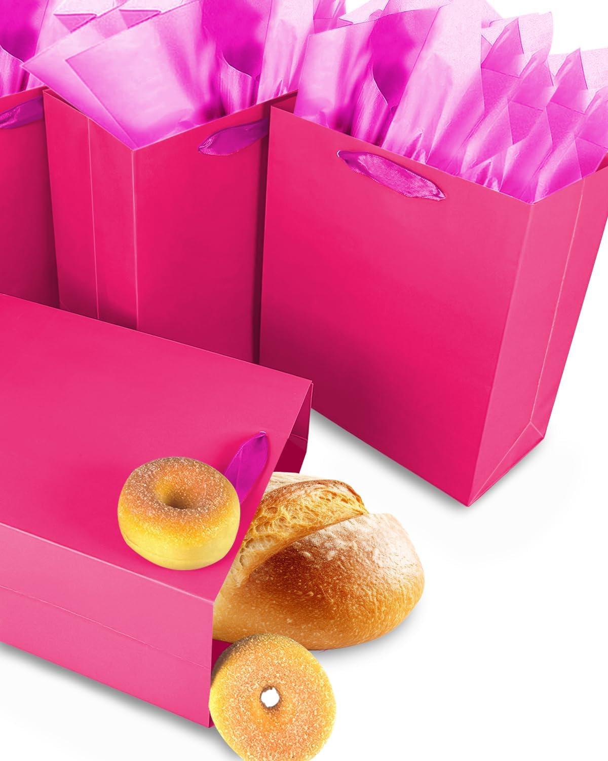 Gcardist Bright Pink Gift Bags with Tissue Paper for Wedding, Birthday, Party Supplies-7.9"x4.3"x9.6" Medium Size Cardboard Gift Bags（5pcs Bags +10pcs Tissue Paper ）