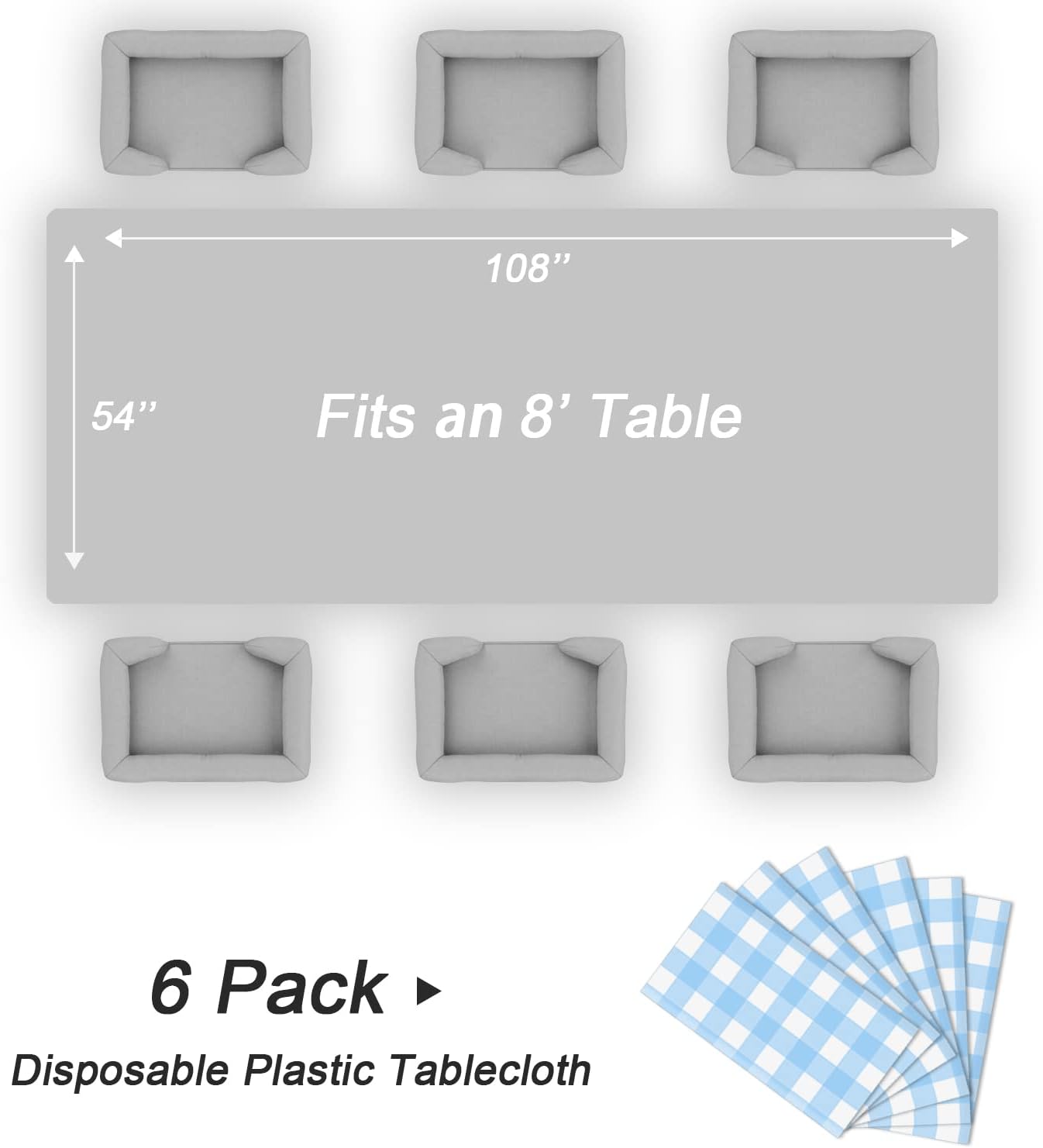 QIKSION Blue Gingham Tablecloth Disposable 6 Pack, 54 x 108 Inch Blue and White Checkered Table Cloth for Rectangle Tables, Plastic Table Cover