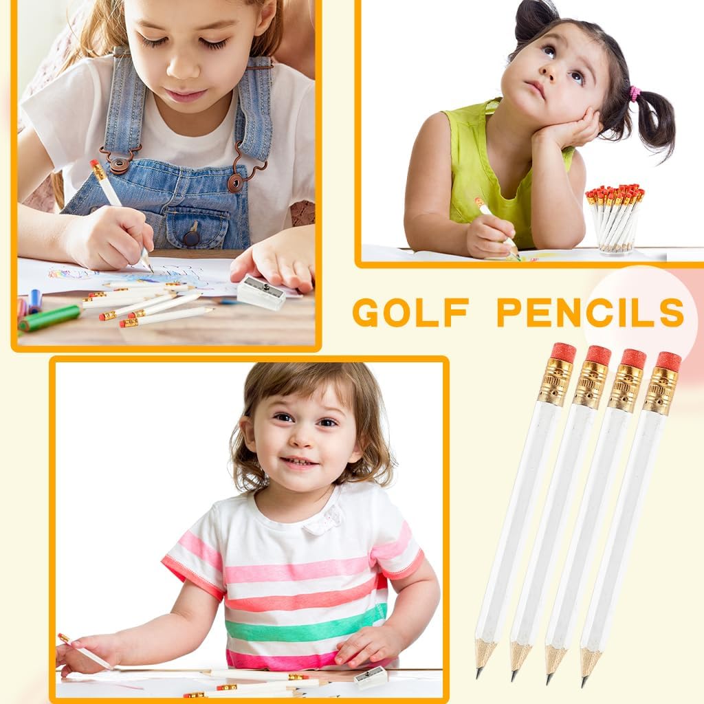 320 Pieces Golf Pencils Half Pencils Bulk with Eraser HB Small White Pencil with 2 Pencil Sharpeners for School Office Writing Bridal Wedding