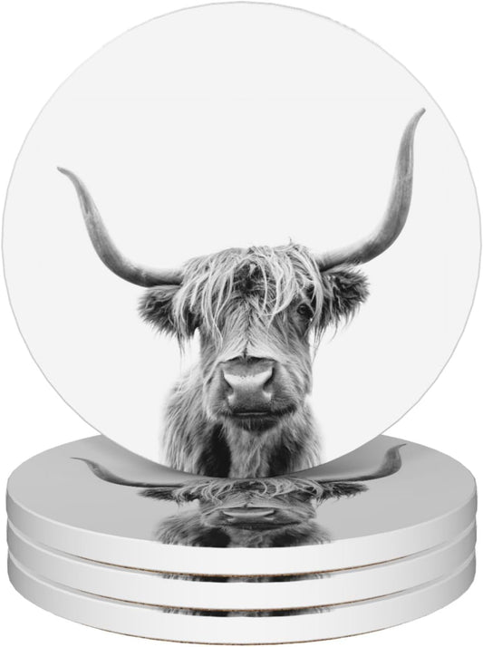 Highland Cow Coasters Set of 4, Absorbent Ceramic Drink Coasters with Cork Backing, Western Theme Coasters for Table Home Décor, Ideal Gifts for Women Men