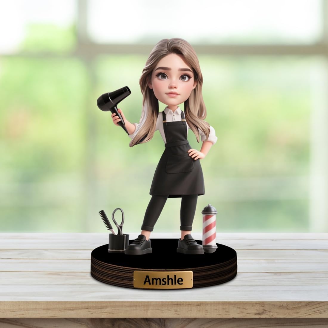 Personalized Women Barber Caricature Figurine Desk Decor Plaque Custom Barbershop Figurine Ornament Sign Hairdresser Cartoon Portrait Name Plaque Gifts for Christmas Birthday Anniversary,02
