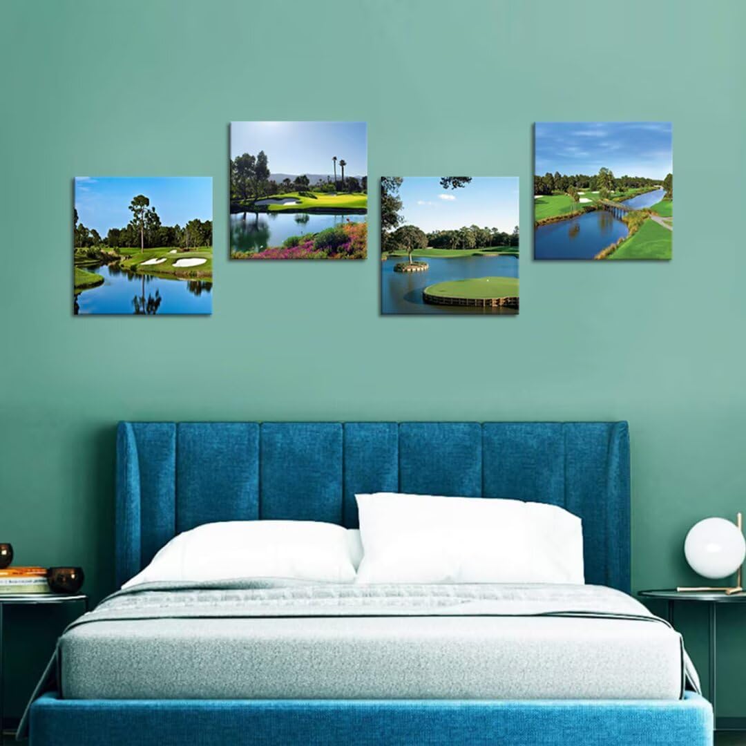 Pankila USA California Golf Course Wall Art Golf Club Canvas Wall Decor Blue Green Abstract Painting Pictures Poster for Home Decor Living Room Bedroom Bathroom Office Artwork (20''W x 20''H x4)