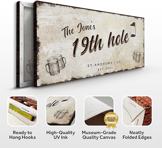 TAILORED CANVASES Golf Art Decor - Personalized Vintage Golf Wall Art Sign for Man Cave, Bedroom, Basement, Home Bar and Custom Gift for Husband, Dad, Wedding & Anniversary - 19th Hole Sign, 60"x30"