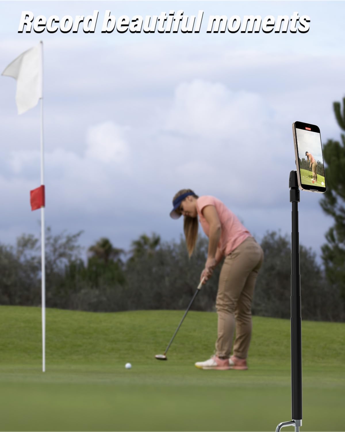 Ground Golf Monopod Phone Holder with Spike Stake, Record Golf Swing Selfie Stick with Magnetic Phone Mount for iPhone 16/15/14/13 Pro Max, Galaxy S24/S23/S22 and Other Mobile Phone