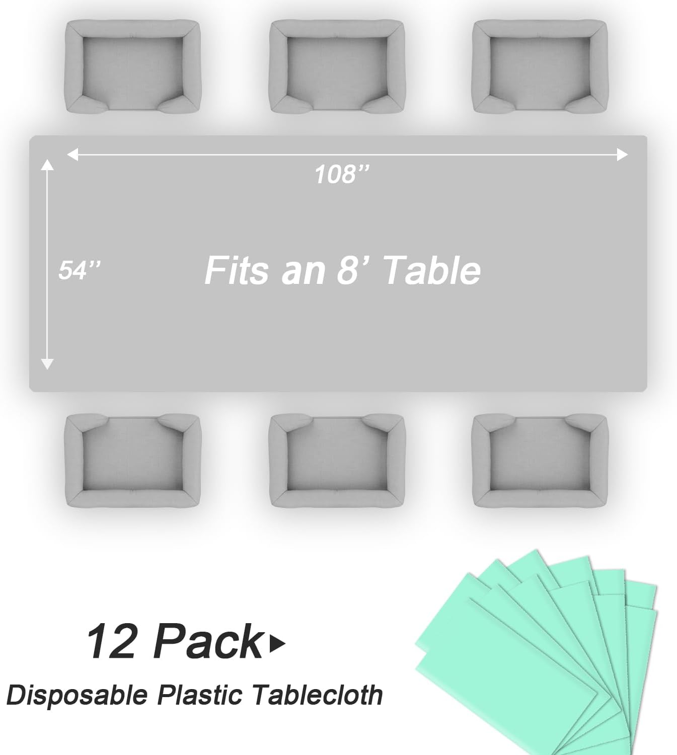 QIKSION Plastic Table Cloth Disposable 12 Pack, 54 x 108 Inch Tablecloths for Rectangle Tables, Fresh Mint Plastic Table Cover