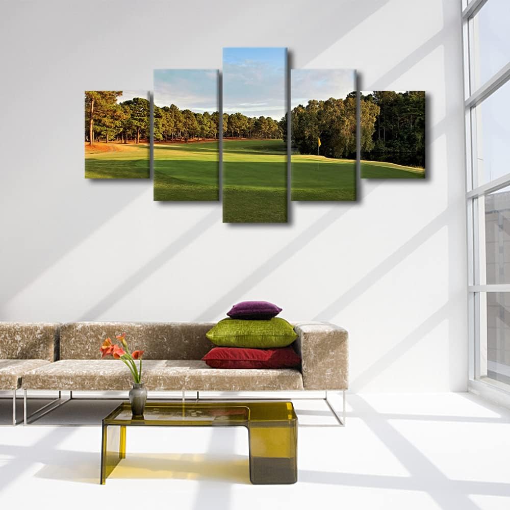 Golf Canvas Painting Prints and Poster Green Golf Course Scenery 5 Panel Pinehurst No.2 Pictures Modern Home Decor Living Room Wall Decorations Modern Large Artwork Stretched and Framed - 60"W x 32"H