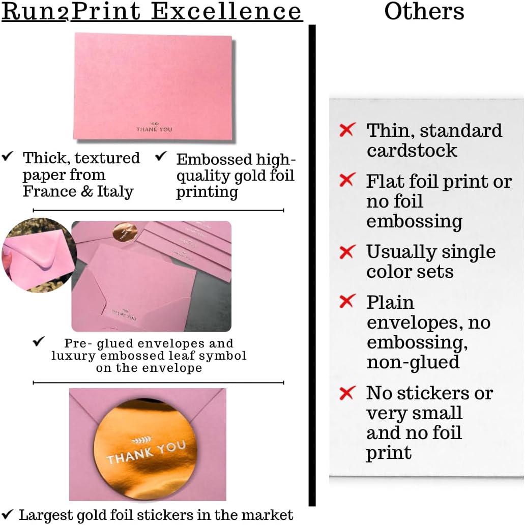 RUN2PRINT Thank You Cards with Envelopes & Gold Foil Stickers – Flat Dusty Blue Cards (4″×6″) – Embossed Italian Textured Thick Paper – For Weddings, Business & Every Occasion