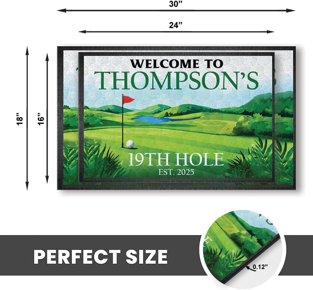 Personalized Golf Doormat – Welcome Mat 19th Hole Mat with Custom Name & Year – Non-Slip Outdoor Entrance Rug for Golf Lovers – Funny Clubhouse Patio Decor – Green Fairway Theme