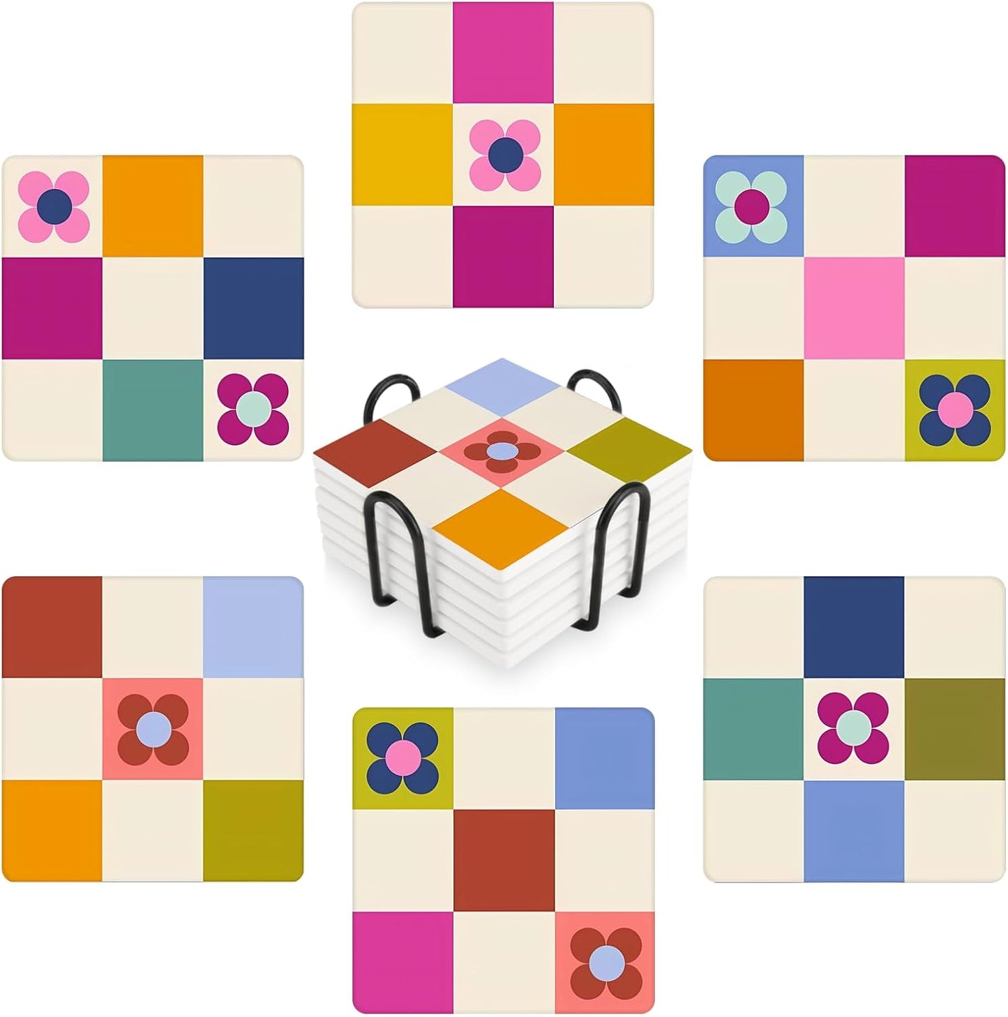 MAYCARI Contrasting Color Cartoon Flower Coasters Set of 6 Cork Backed Checkered Flower Coasters with Metal Holder Ceramic Surface Drink Cup Mats for Tabletop Protection Desk Decoration Birthday Gifts