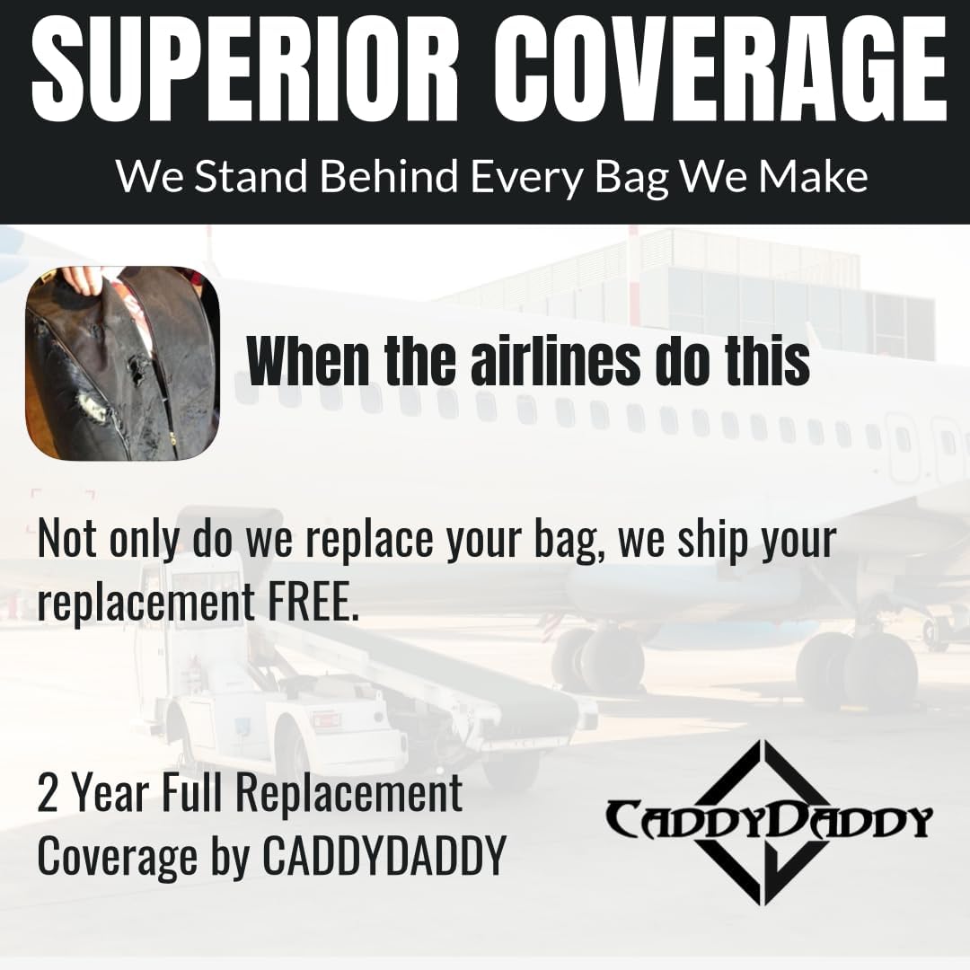 CaddyDaddy First Class Military Grade Ballistic Nylon Travel Cover with EVA Dense Foam Top Padding 2 Year Full Replacement Coverage Self Standing Base XL Wheels Case for Transporting Clubs on Airlines