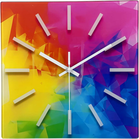 Square Glass Wall Clock Silent Analog Wall Clocks Battery Operated 12 Inch Colorful Wall Clock for Bedroom Living Room Office Classroom