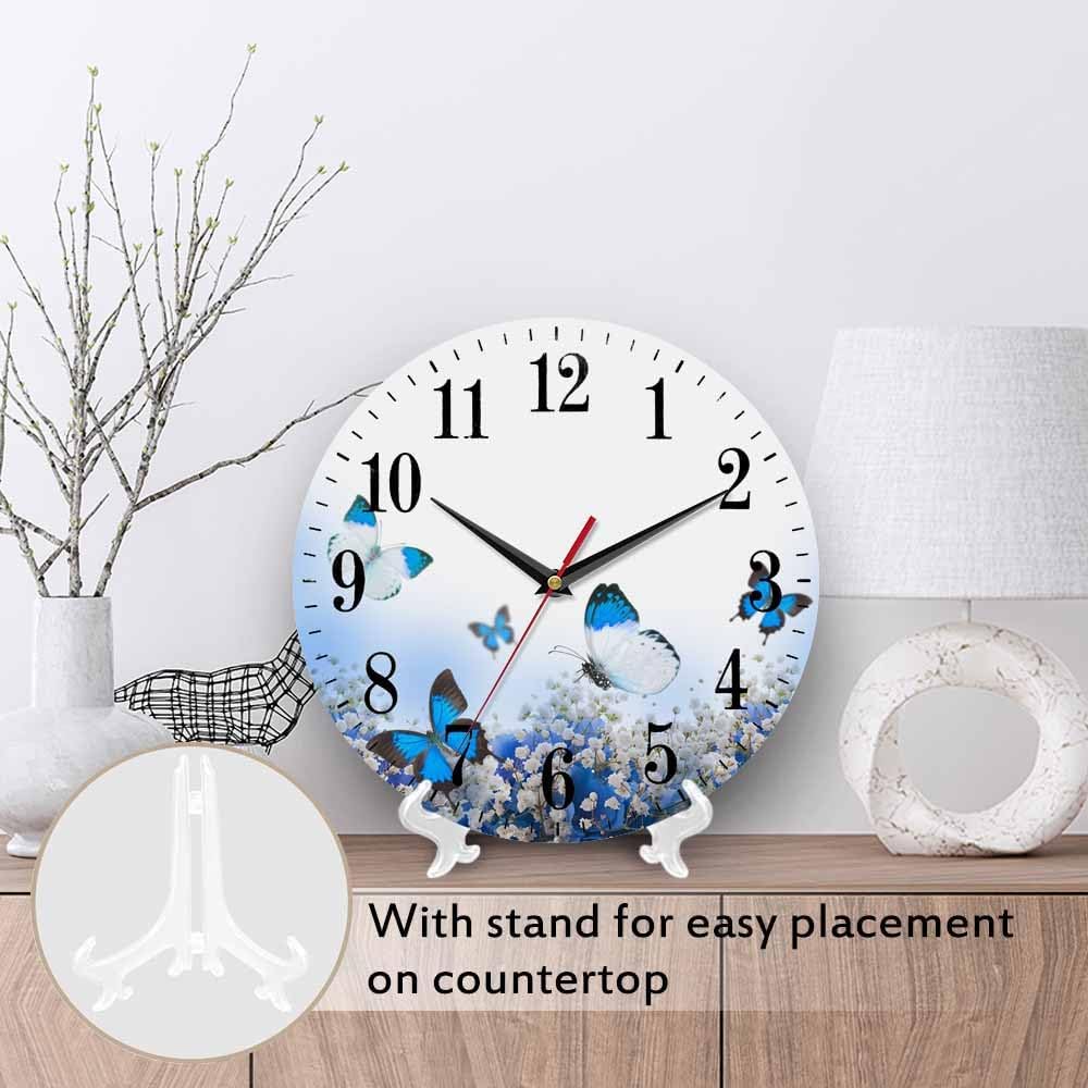 Mxocom Flower Bouquet Wall Clock Butterfly and Blue White Hydrangeas 10 Inch Silent Non Ticking Battery Operated Clock Vintage Round Clock for Living Room Bedroom Bathroom Office Decor