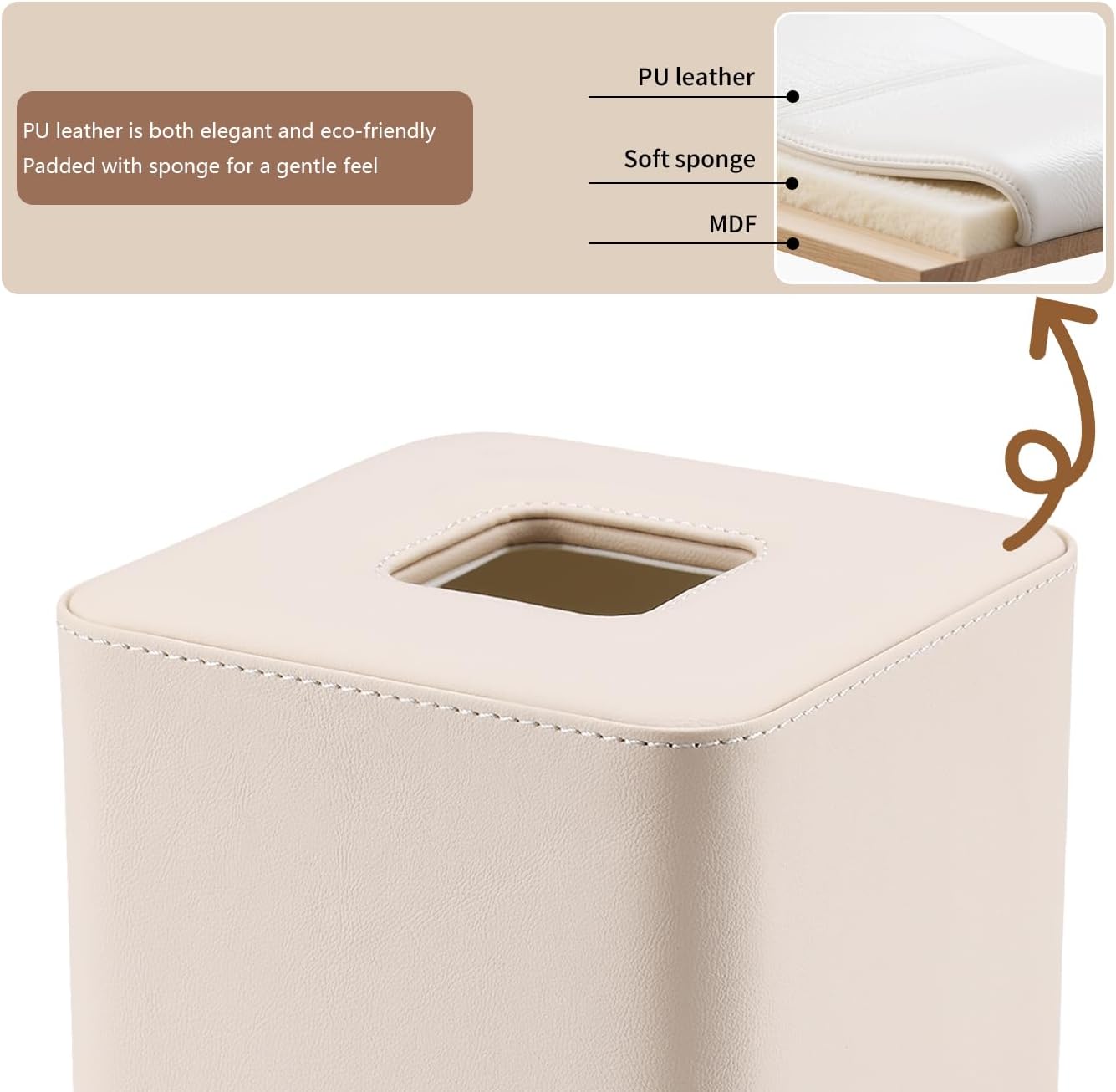GORESE Leather Tissue Box Cover Square Kleenexs Box Cover, Cute Tissue Box Holder for Cube Box Tissues, Tissue Cover for Bedroom, Living Room, Bathroom, Beige