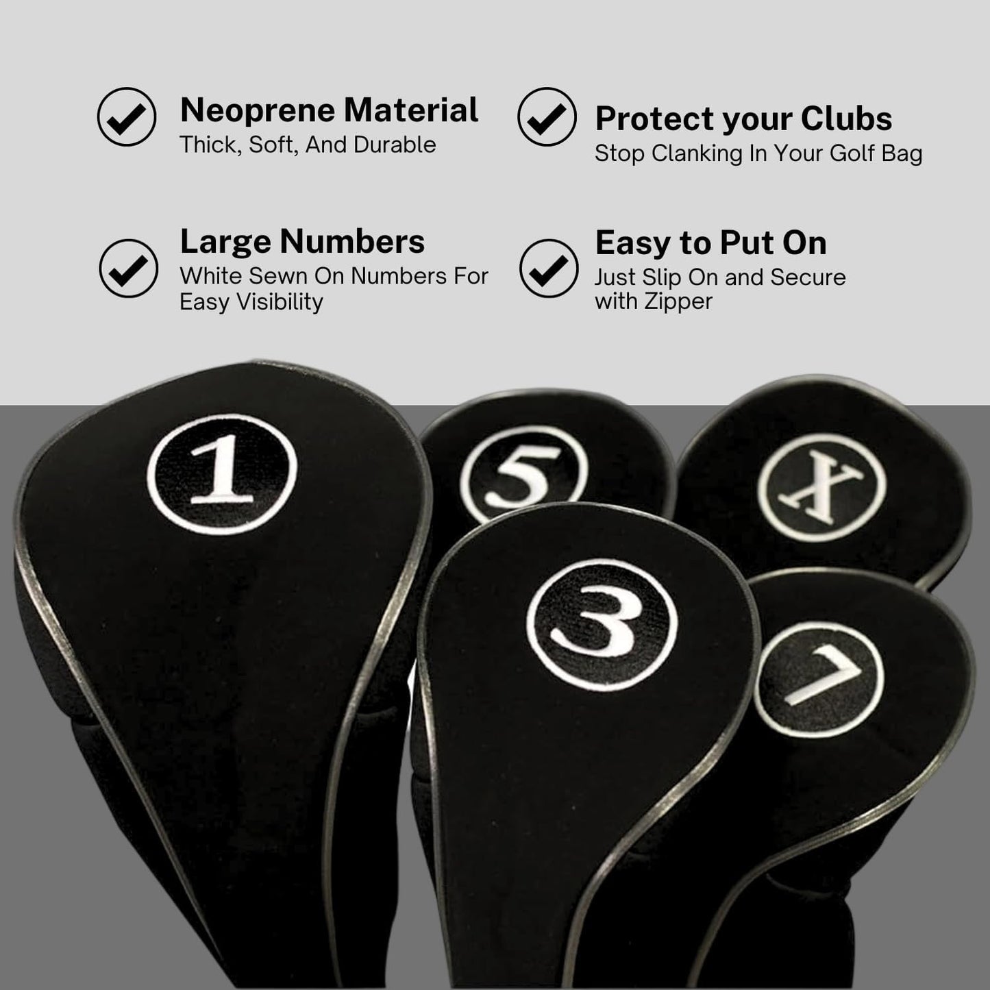 Black Golf Zipper Head Covers Driver 1 3 5 7 X Fairway Woods Headcovers Metal Neoprene Traditional Plain Protective Covers Fits All Fairway Clubs