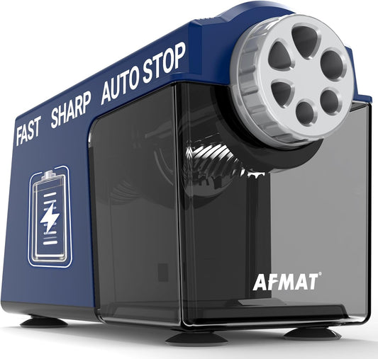 AFMAT PSD4 Electric Pencil Sharpener Heavy Duty, 6 Holes, Cordless & Rechargeable, Super Fast, Auto Stop, 10K+ Uses, Classroom Pencil Sharpener for 6-11mm No.2/Large/Colored Pencils, Blue