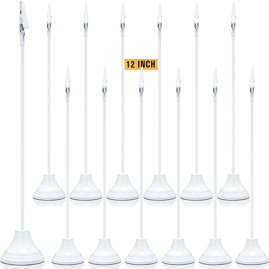 Skyygemm 12 Pcs Table Number Holders 12 Inch Place Card Holder with Alligator Clip Metal Place Card Stands Table Sign for Photos, Food Signs, Birthdays, Weddings(White)