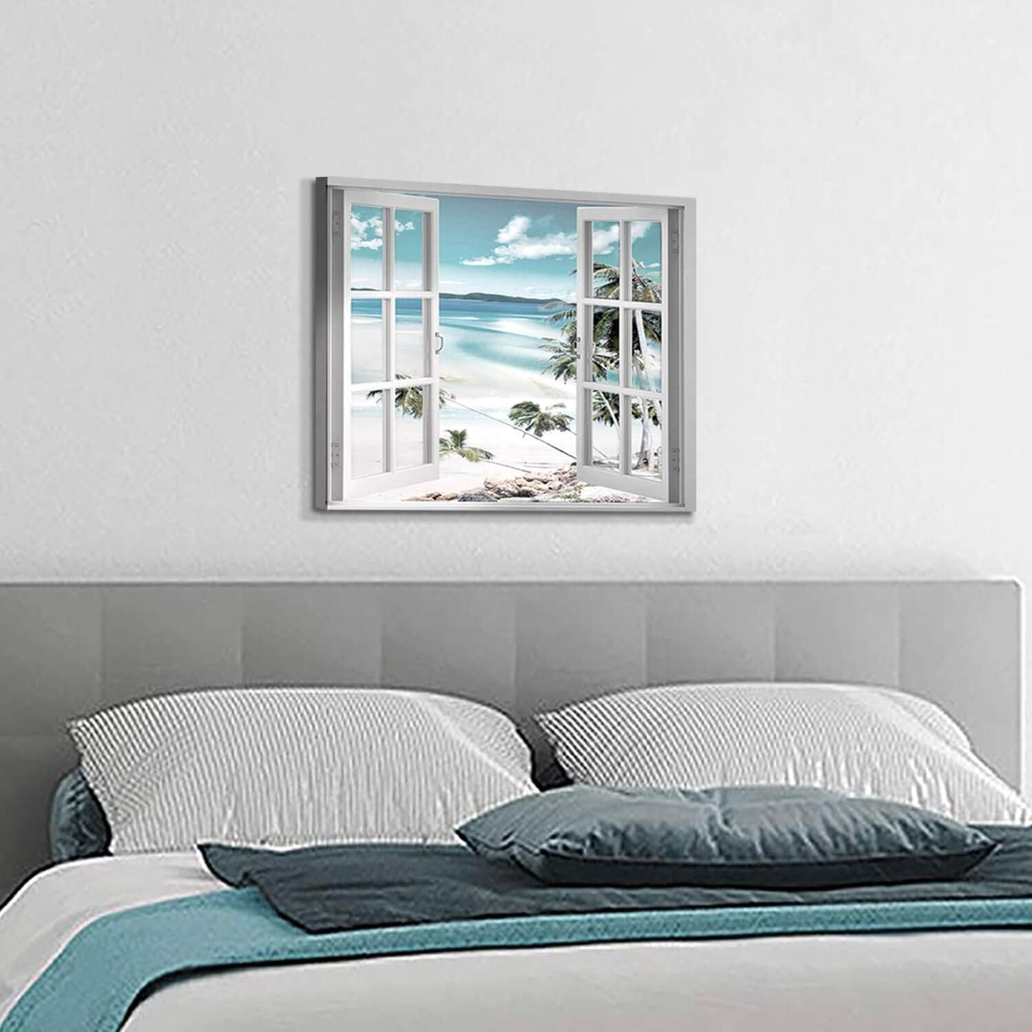 Open Windows Canvas Wall Art: Beach with Coastal Palm Graphic Artwork Print on Wrapped Canvas for Wall Decor(24''x18'')