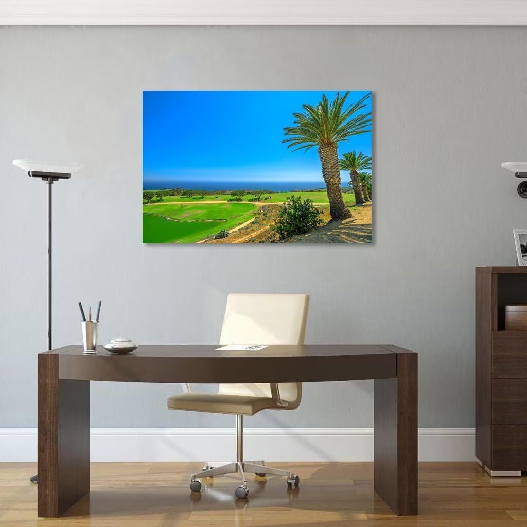 USA California Golf Course with Palm Tree Wall Art Picture California Coastline Golf Course Wall Decor for Living Room Bedroom Bathroom Home Decorations Framed Ready to Hang(12''H x 16''W)