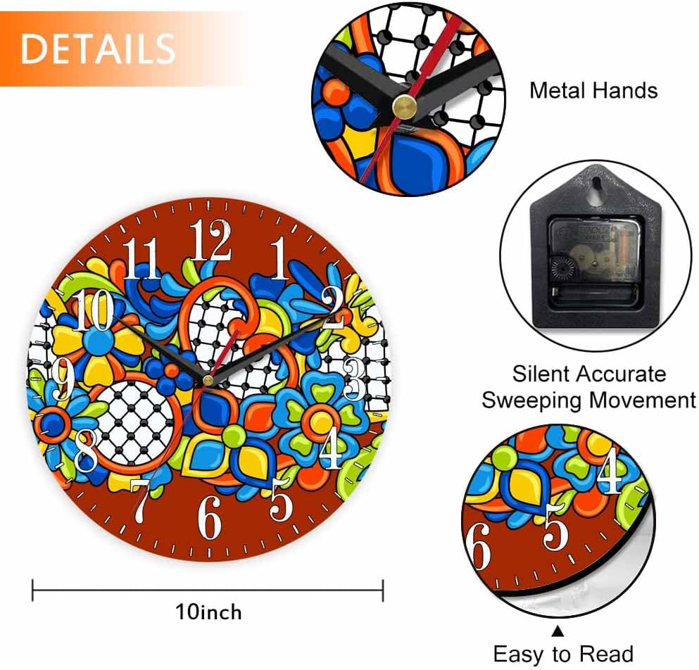 Mxocom Mexican Pattern Wall Clock Abstract Ornamental Flowers Ethnic Print 10 Inch Silent Non Ticking Battery Operated Clock Vintage Round Clock for Living Room Bedroom Bathroom Office Decor