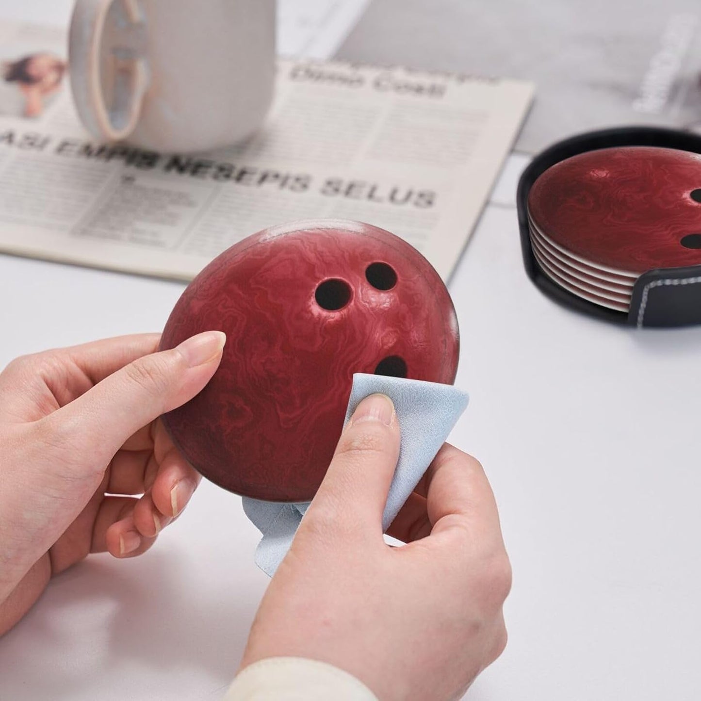 6 Pcs Bowling Ball Drink Coasters with Holder Coasters for Drinks Coffee Table Home Decor Housewarming Gift