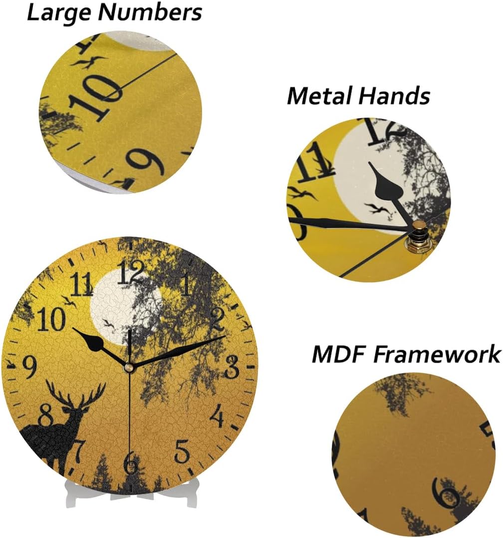 Wall Clock without Ticking Sound - 25cm Silent Round Clocks Battery Operated Modern Decorative Style Easy to Read for Living Room/Kitchen/Bedrooms/Office/Home Decor/Hallway (Deer at Sunset)