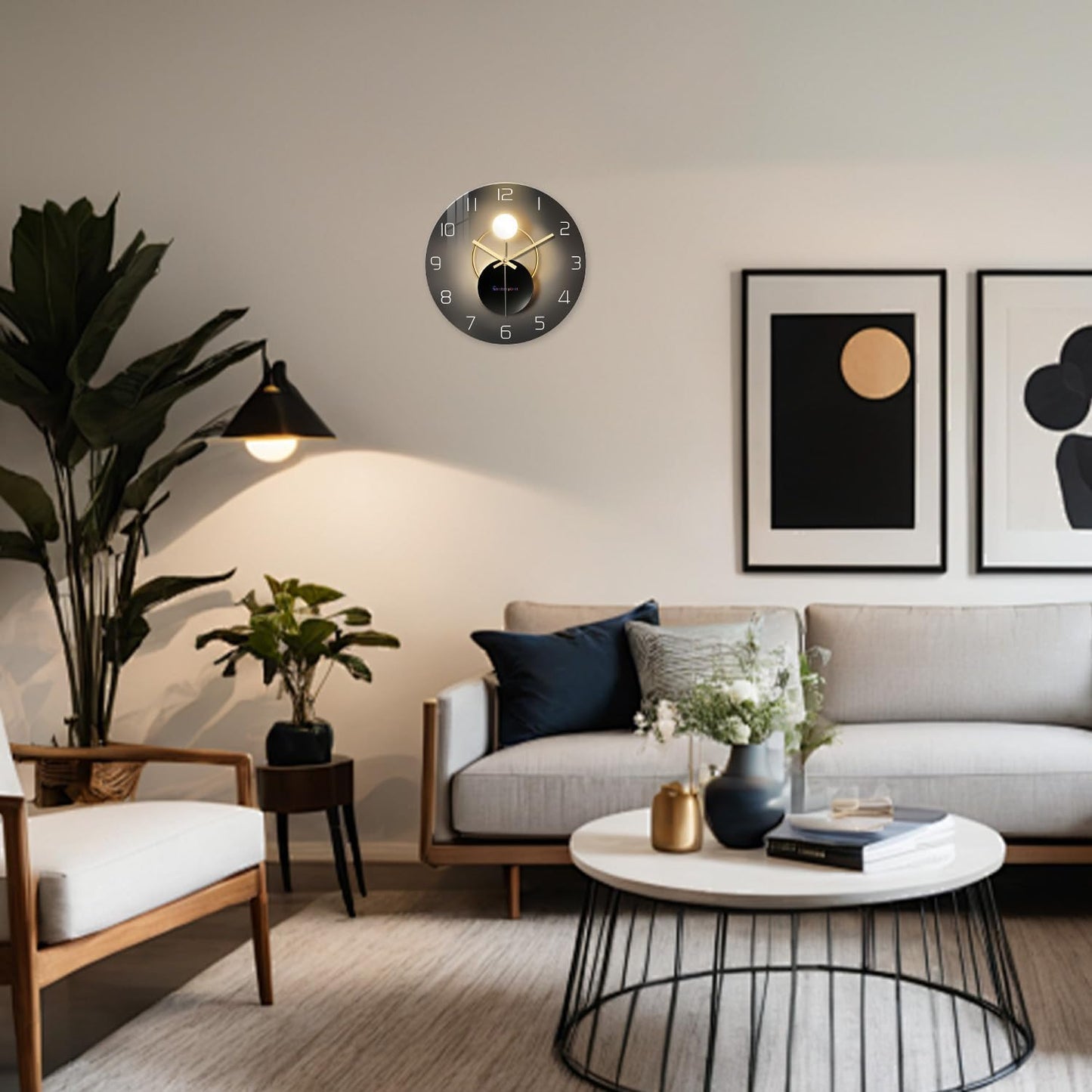 Black and Gold Wall Clock for Kitchen Glass Decorative Wall Clocks Battery Operated 12 Inch Round Silent Wall Clock Non Ticking