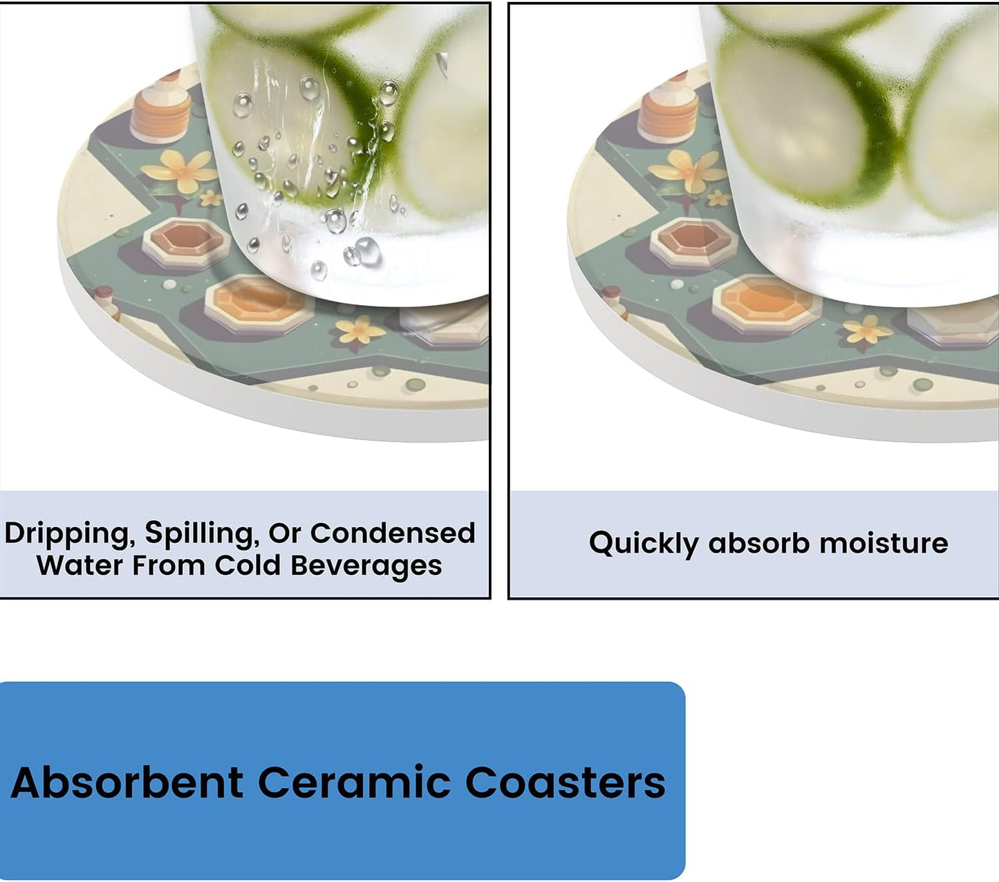 Ceramic Coasters for Drinks with Cork Back, Cute Bee Honeycomb 4 Inch Absorbent Coaster Set 1 Pack, Quick Dry Non-Slip Coaster Mats for Home, Office, Bar