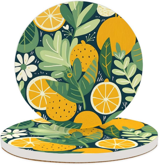 Ceramic Coasters for Drinks with Cork Back, Citrus Greenery 4 Inch Absorbent Coaster Set 2 Pack, Quick Dry Non-Slip Coaster Mats for Home, Office, Bar