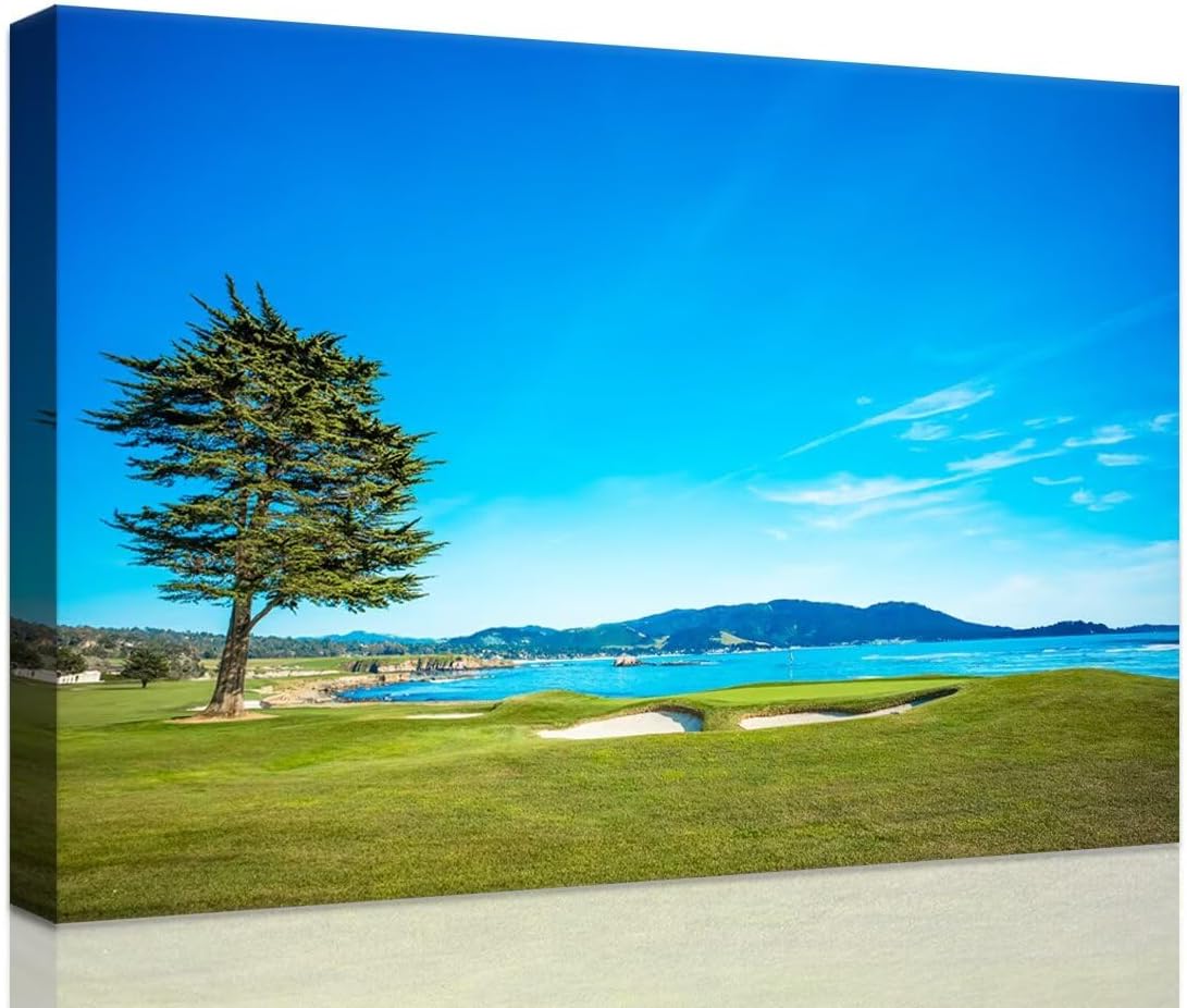 Pebble Beach Golf Course 18th Hole Green Wall Art for Living Room Bedroom Bathroom Home Decorations Golf Course Picture Poster Canvas Prints Modern Framed Artwork Ready to Hang(12''H x 16''W)