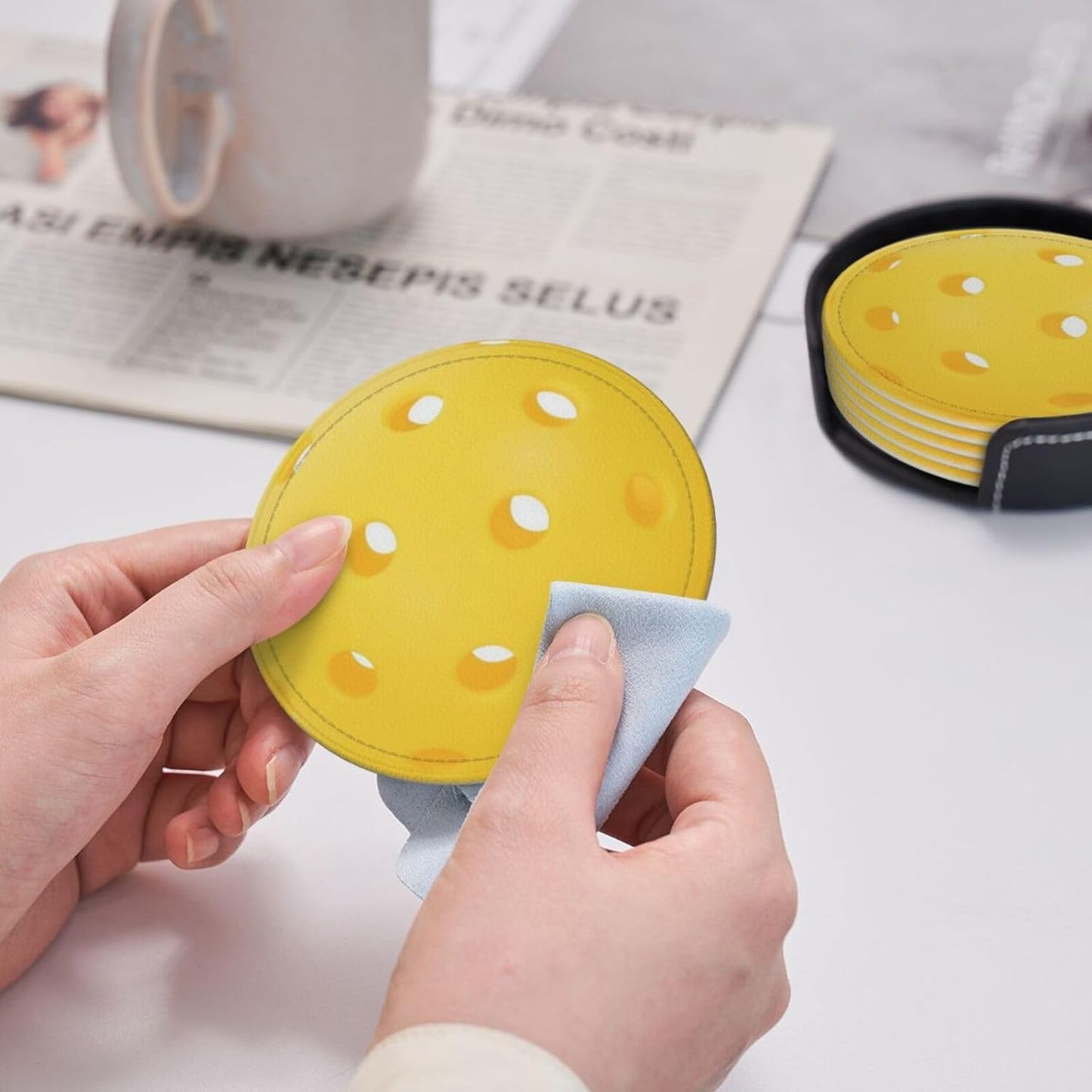 6 Pcs Pickleball Drink Coasters with Holder Coasters for Drinks Coffee Table Home Decor Housewarming Gift