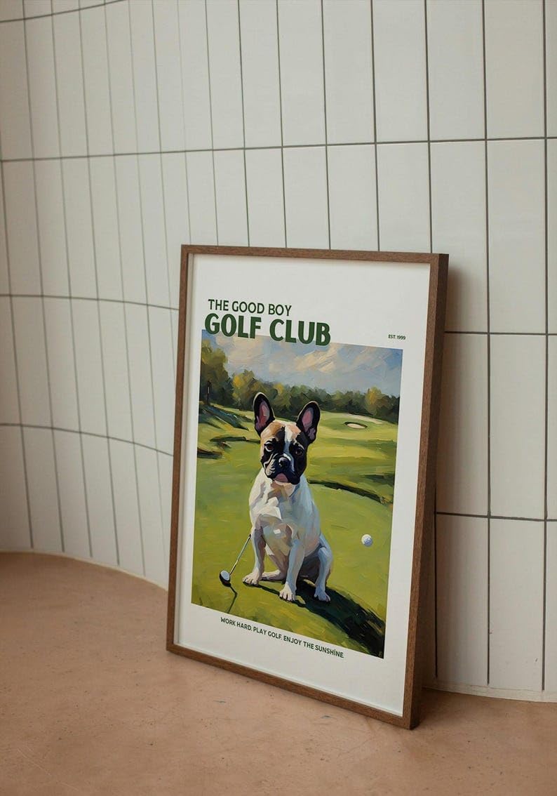 Nationcog Good Boy Golf Club Poster, French Bulldog Dog on Golf Course Wall Art, Funny Retro Golf Print, Unique Gift for Golf Lovers, Frenchie Owners, Husband or Dad (Unframed) (27x40)