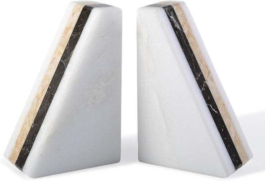 Marble Book Ends, Non-Skid Bookends for Shelves, Composite Bookend with Natural Marble, Heavy Duty Book Stopper, Collected CDs and Oversized Books Organizer, Gold & Black Decorative Bookends