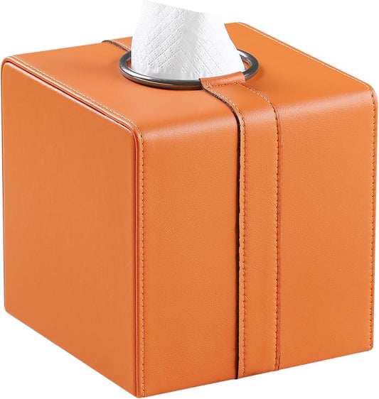 Square Tissue Box Cover, Luxury PU Leather Tissue Holder with Magnetic Closure (Orange)