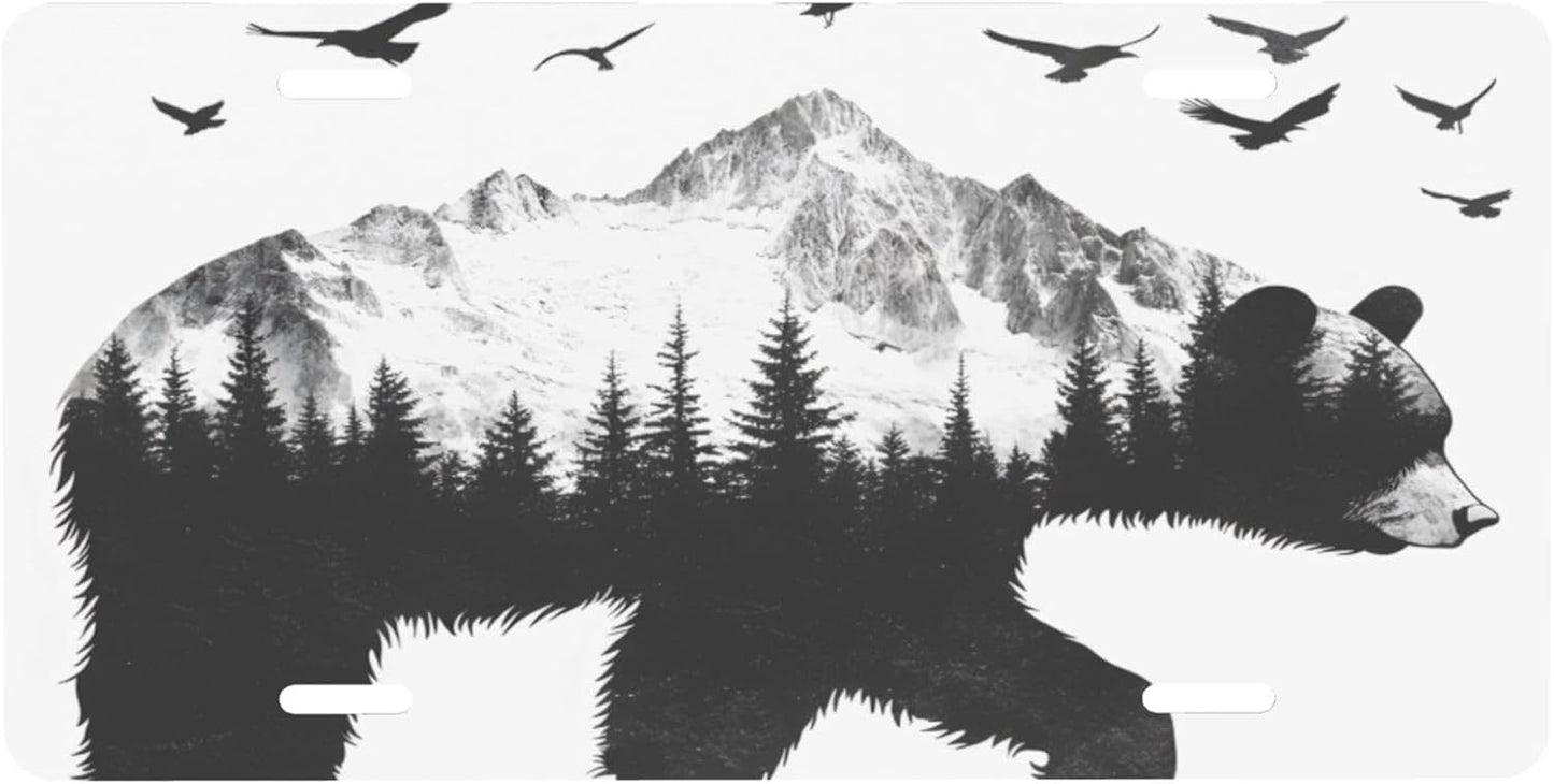 Front License Plate for Car Designs Black Forest Bear Eagle Stainless License Plate Cover Holder for Men Women Metal Aluminum Decorative Accessory Vanity Tag Standard 6 X 12 inch (4 Holes)