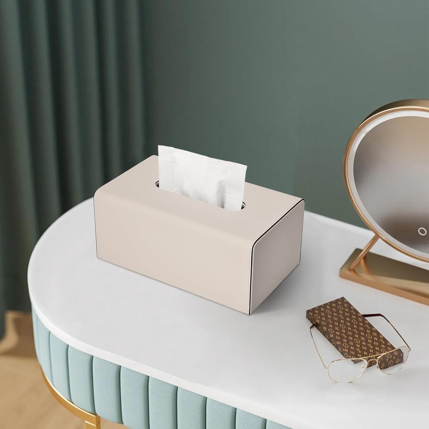 Tissue Box Cover, PU Leather Rectangular Tissue Box Holder with Magnetic Bottom Cover for Facial Tissues/Napkins, Office & Living Room Decor Box for Standard 120-count (3-Ply) 160-count (2-Ply) Beige