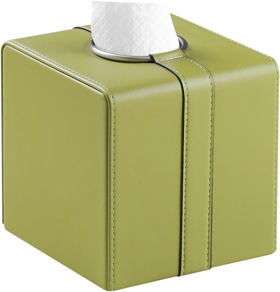 Square Tissue Box Cover, Luxury PU Leather Tissue Holder with Magnetic Closure (Green)