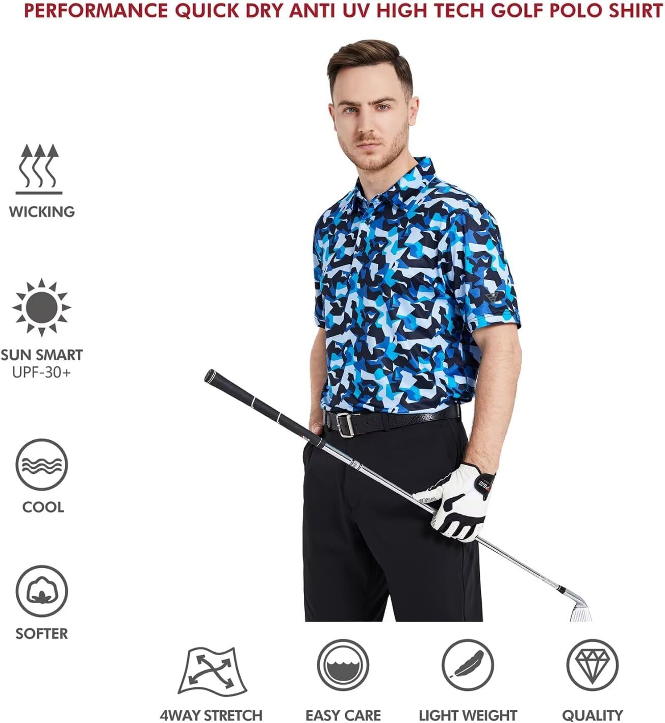 Golf Shirts for Men Dry Fit Short Sleeve Print Performance Moisture Wicking Polo Shirt