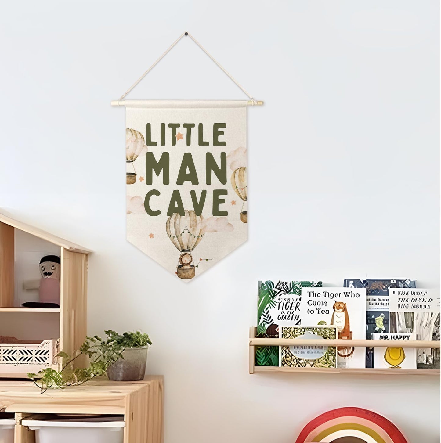 ArtisaEura Little Man Cave Wall Canvas Banners, Hot Air Balloon Nursery Decor, Baby Animal Hanging Display Pennant Banner Flags, Nursery Wall Decor for Kids Boys Room Bedroom Playroom