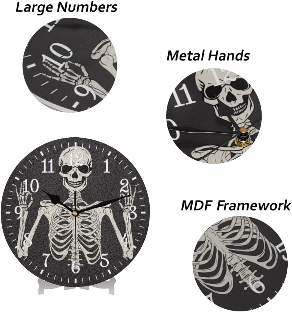 Wall Clock Without Ticking Sound - 25cm Silent Round Clocks Battery Operated Modern Decorative Style Easy to Read for Living Room/Kitchen/Bedrooms/Office/Home Decor/Hallway （Skull）