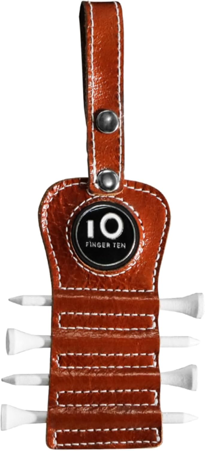 FINGER TEN Golf Tee Holder with Ball Marker and 4 Pcs Wood Tees Value 1/2 Pack, Luxury Leather Gift Hook to Golf Bag Belt Clip