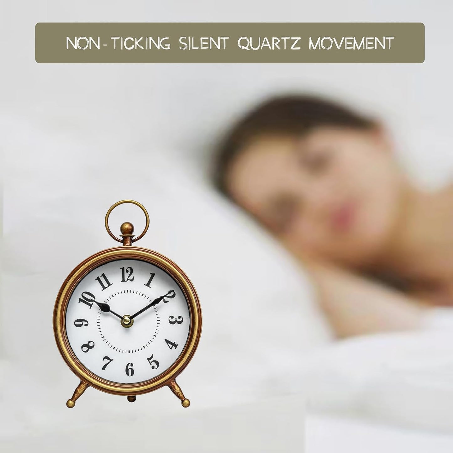 Vintage Small Table Clock on Stand, Decorative Desk and Shelf Clock Farmhouse Mantel Non-Ticking Clock Rustic Metal Frame with Antique Gold Finish 9.3 Inch