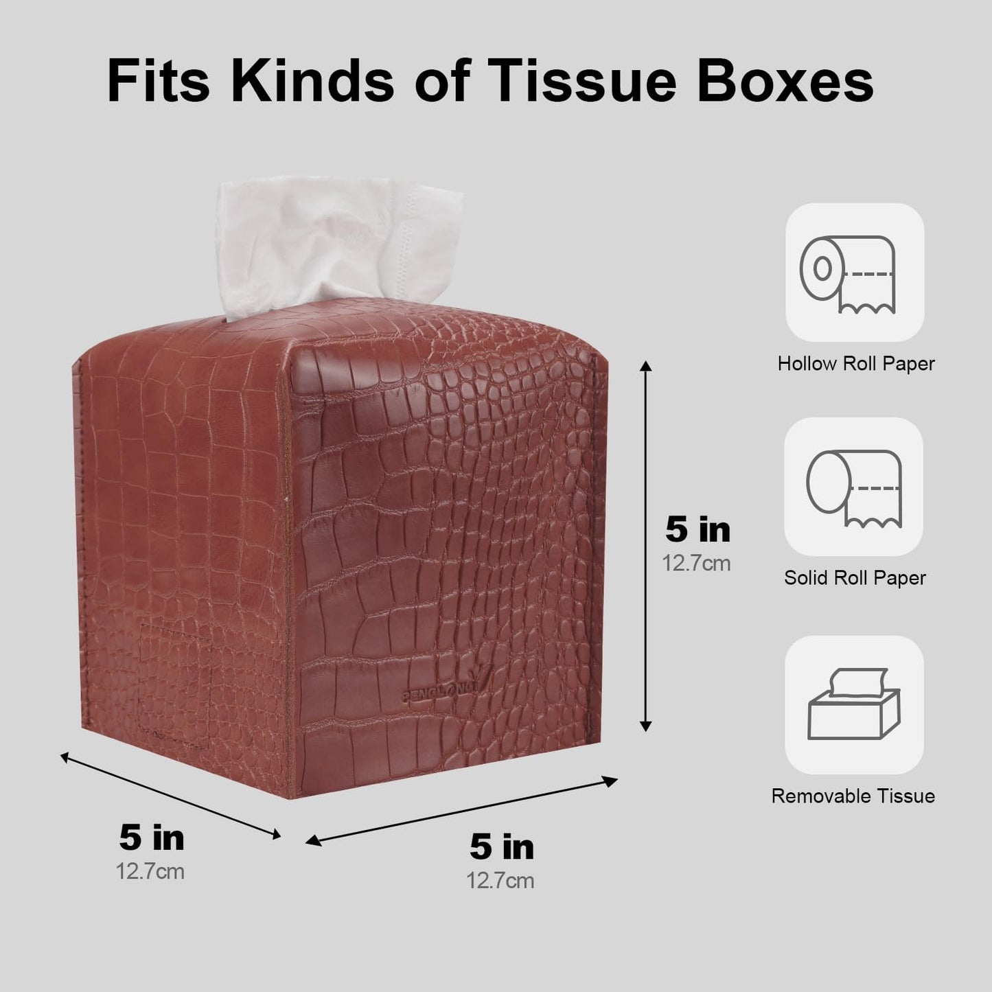 Tissue Box Cover 5X5X5'' PU Leather Tissue Holder Square Tissue Cube Box Organizer for Bathroom Vanity Countertop, Car, Night Stands, Office, Home, Kitchen (SnakeBrown, 1Pack)