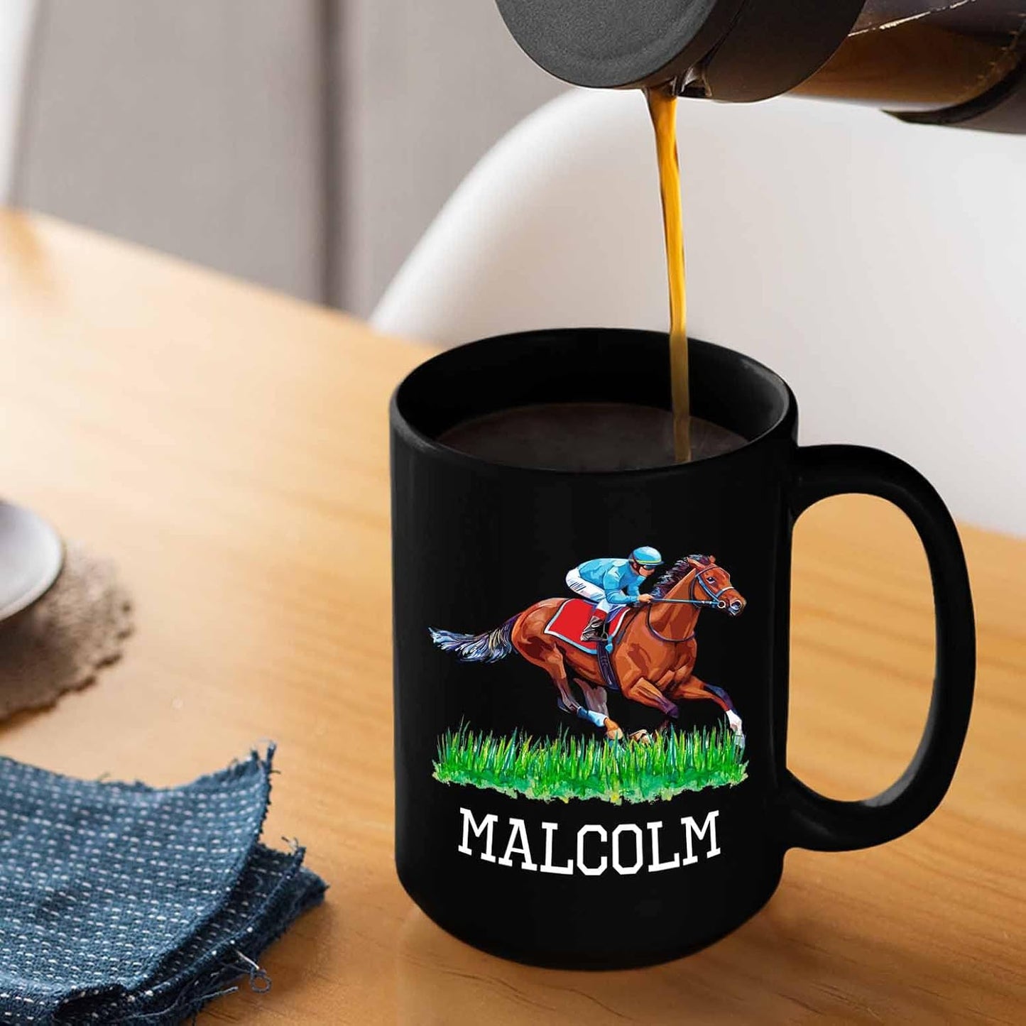 Customized Name Horse Riding Coffee Mug - Personalized Gift for Men Women Horse Lovers - Black Ceramic Cup 11 Oz 15 Oz - Horseback Racing Tea Mug