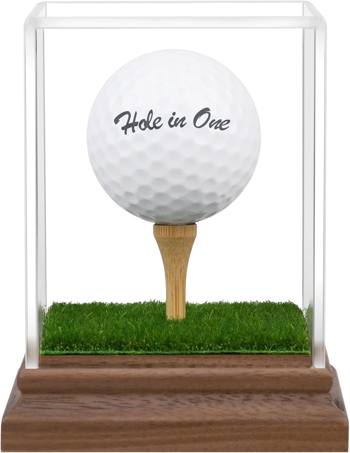 Golf Ball Display Case Hole in One Golf Ball Display Case Holder Wanult Wood Base Acrylic Golf Ball Holder Stand Lifelike Turf Wood Tee Memorabilia Showcase Square Cube Box Stand Golf Gifts Decor